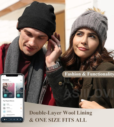 Bluetooth Beanie, Double-Layer Wool Lining Bluetooth Hat Beanie for Men/Women/Teens/Family, 20Hrs Playing, Gift Packaging for Christmas Stocking Stuffers Thanksgiving (001-Black)