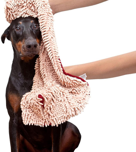Soggy Doggy Super Shammy Dog Towel, Washable Microfiber Dog Towels for Drying Dogs and Cleaning Paws, Fast-Drying Dog Bath Towel with Hand Pockets, Beige/Red Trim, 31 X 14 Inches