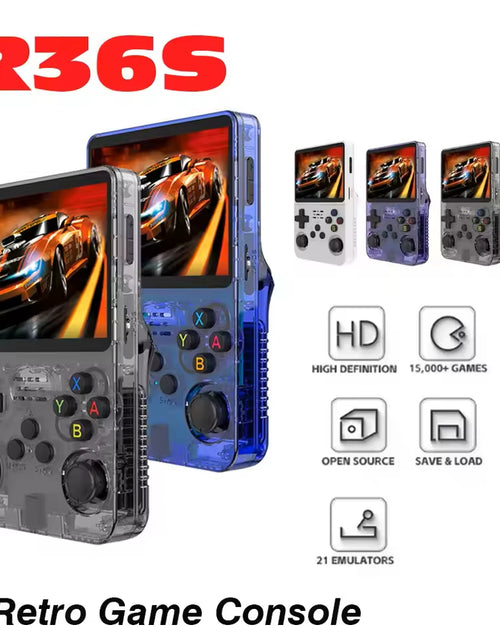 Load image into Gallery viewer, R36S Retro Video Handheld Game Console Linux System 3.5 in IPS Screen 3000Mah Battery 64G/128G TF Card Preinstalled Games
