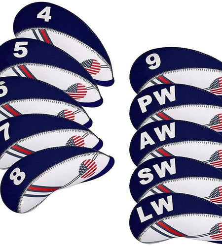 Golf Iron Head Covers 10Pcs Neoprene USA Flag Golf Club Protector Multi Color Golf Club Protector (Blue)
