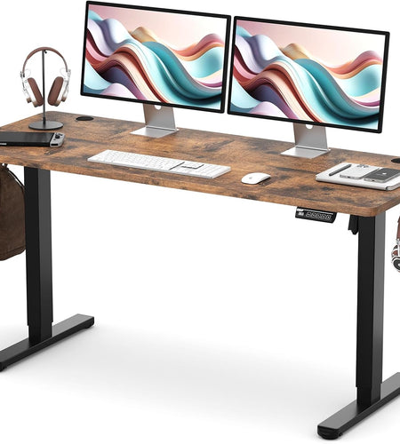 55" Electric Standing Desk,Height Adjustable Home Office Sit Stand up Computer PC Table,Tall Standup Workstation, Gaming, Writing, Study,Bedroom Rising Desks with Two-Piece Desktop,Brown