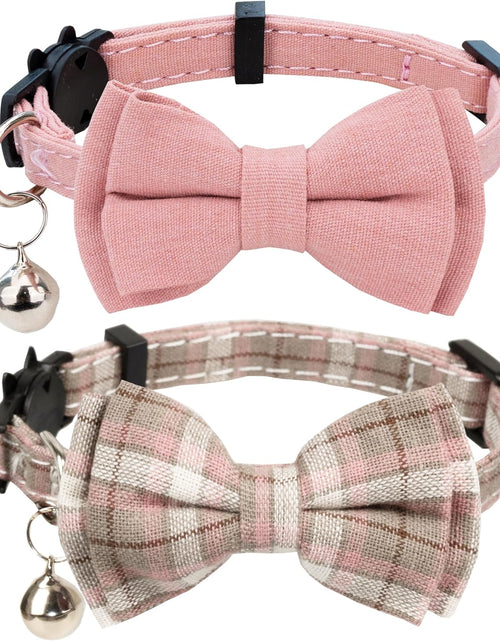 Load image into Gallery viewer, Cat Collar Breakaway Bowtie Safety with Bell Adjustbale Kitten Puppy Solid Plaid Color Set D-[2Pcs] Pink-2
